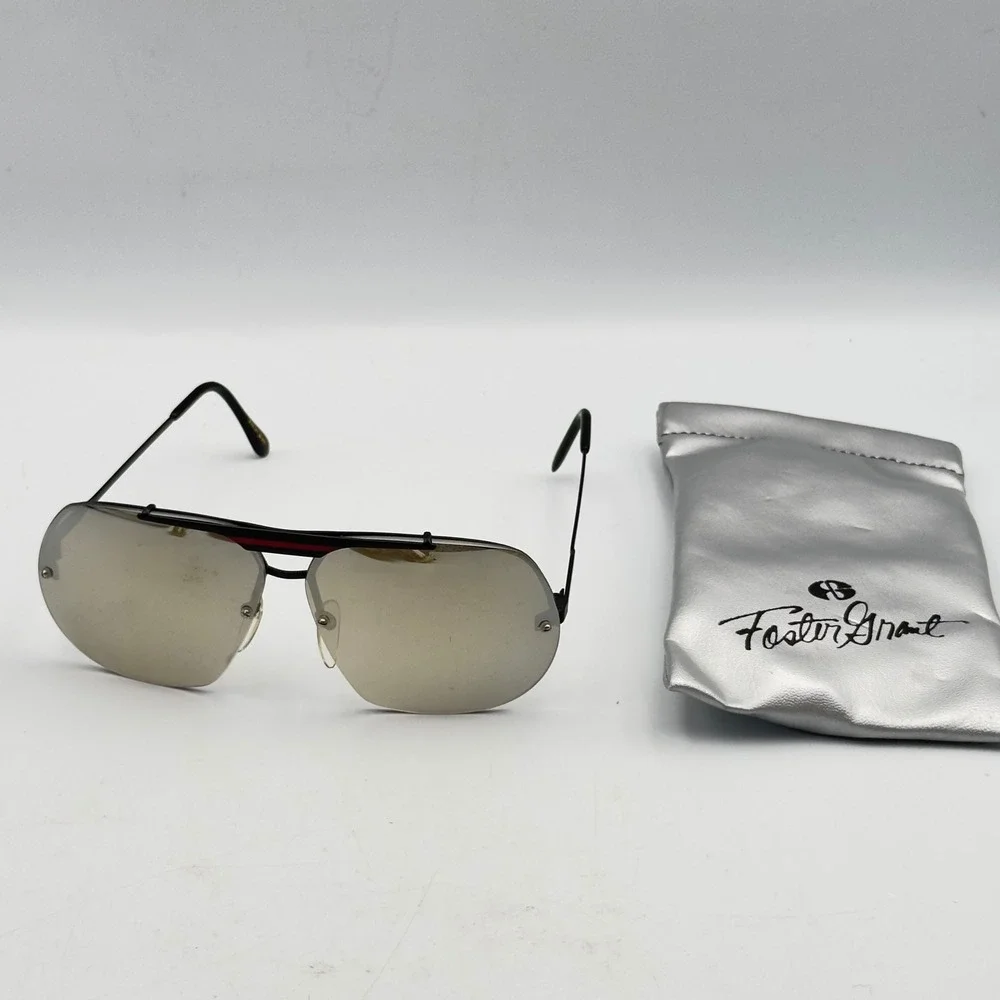Vtg Foster Grant Aviator Sunglasses Silver Mirror Lens‎ Black Frame Red Stripe